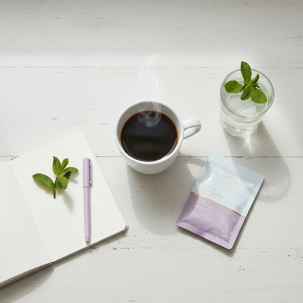 Morning wellness flat-lay: white mug, supplement sachet, notebook, sprig of mint and glass of water on a pale wooden table